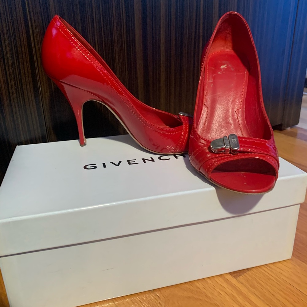 Givenchy red patent leather 3” peep toe shoes